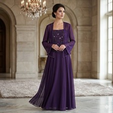 Women s 2pc Formal Evening Dress Jacket Set Medium 8/10 Purple Beaded Maxi