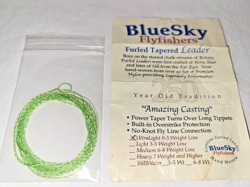 BlueSky Flyfishers FURLED TAPERED LEADER UltraLight 0-3 wt + 2 cent stamp