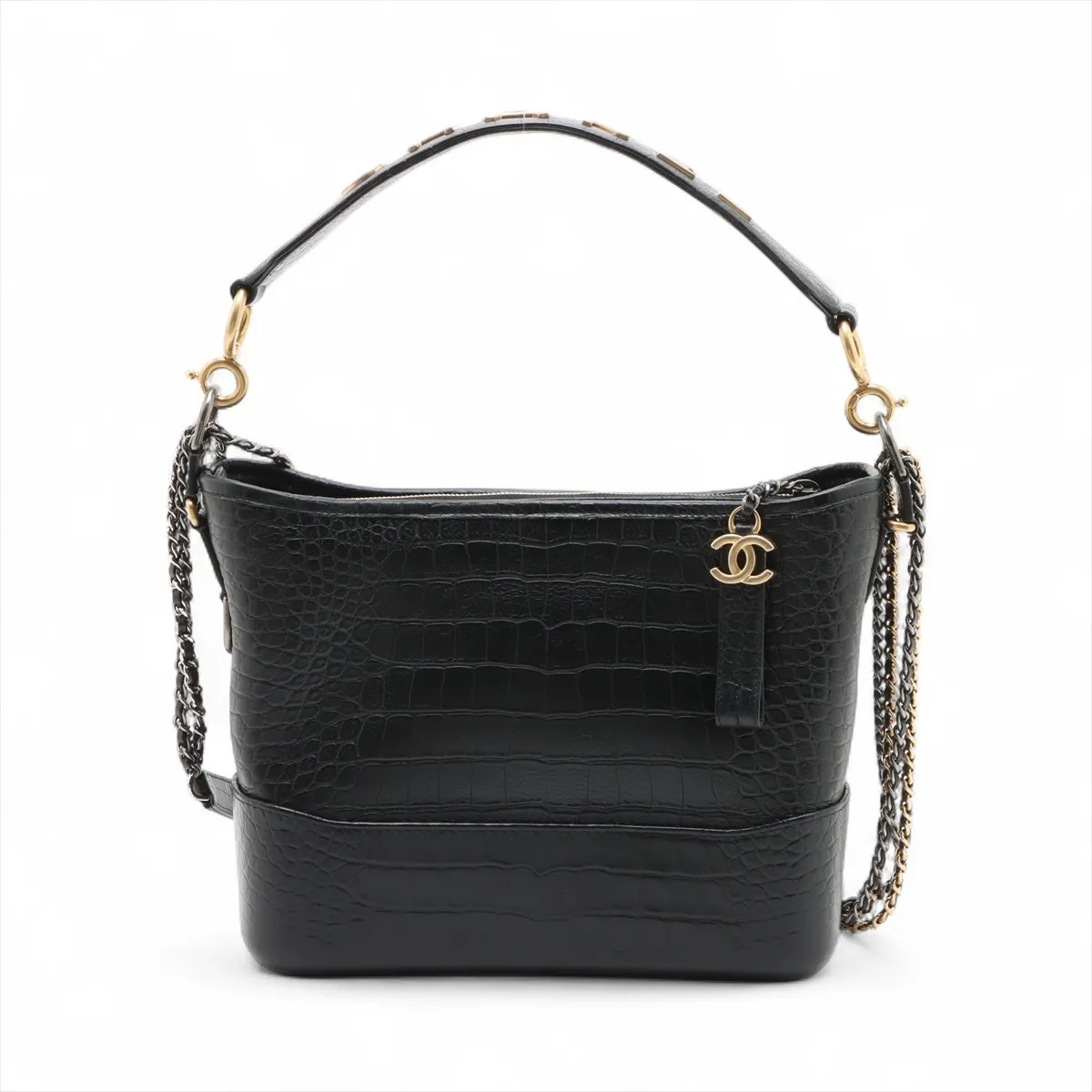 Chanel Gabrielle Doo Chanel Mock Croc Chain Shoulder Bag Black Gold x Silver Met