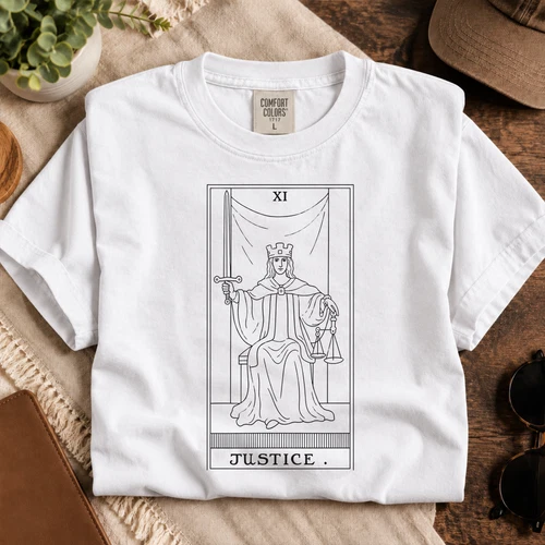 Justice Tarot Card T-Shirt White Large Short Sleeve Crew Neck Graphic Tee New - product listing photo