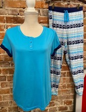 MUK LUKS Light Blue Stripe Mountain Bliss Short Sleeve Tee Jogger Pajama Set New