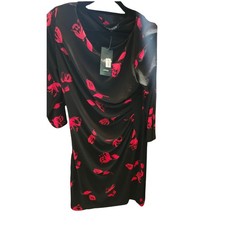 LAUREN Ralph Lauren Women Black Red Floral Print Ruched Sheath Dress Petite P
