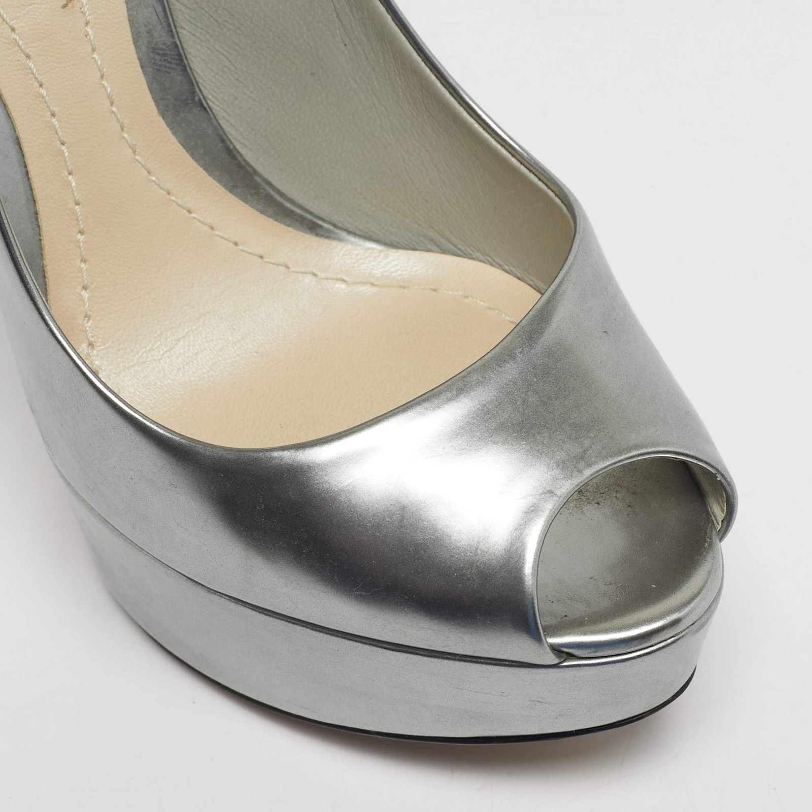 Dior Silver Patent Leather Miss Dior Peep Toe Pumps Size 35 thumbnail 7