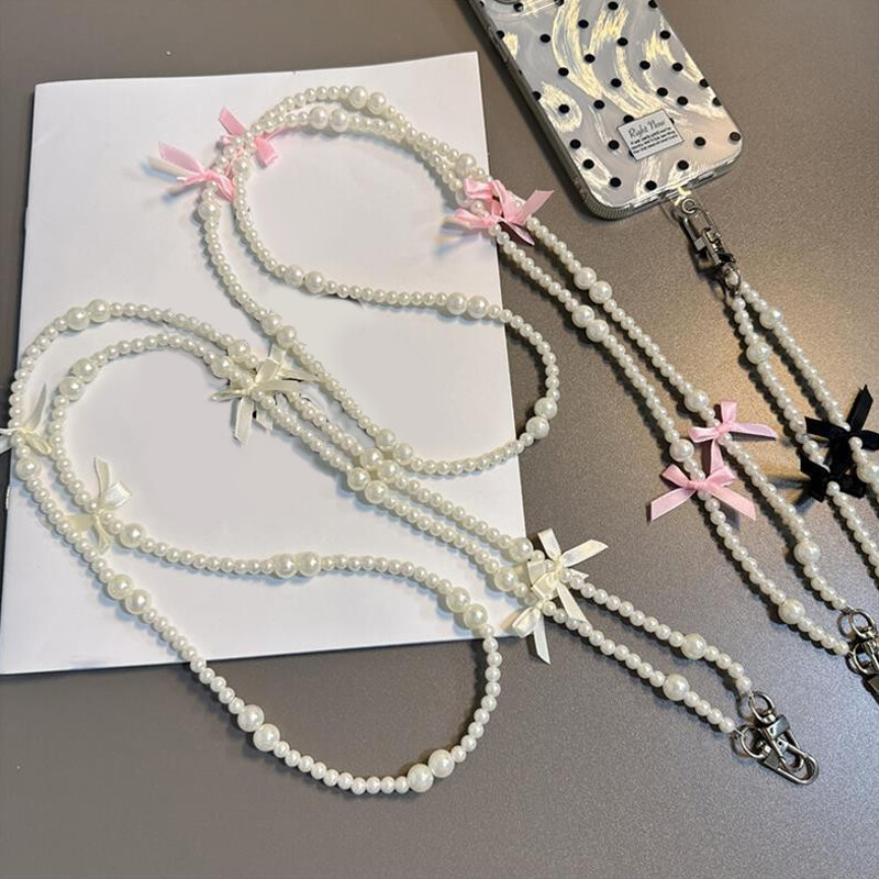 Pearl Bow Phone Case Lanyard with Crossbody Chain and Patch Gasket