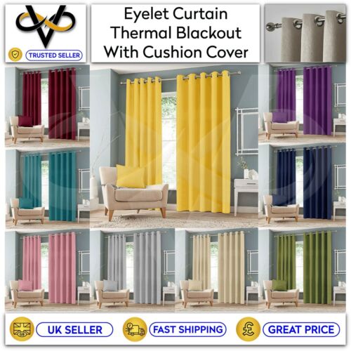 Luxury Thermal Blackout Curtains Eyelet Ring Top Curtain Pair - Afbeelding 1 van 17