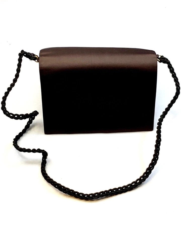 1960 Koret Tresor Brown Satin Evening Envelope Purse Handbag Spain Macrame Strap - Image 2 of 4