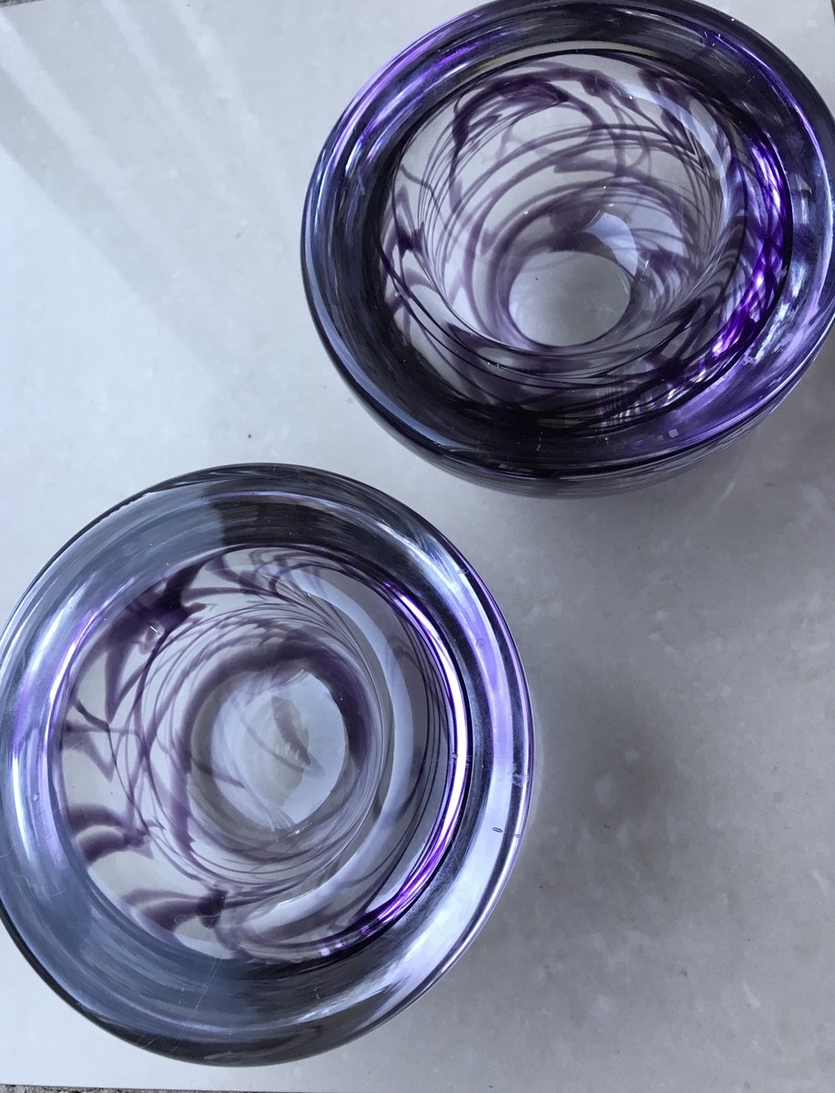 Kosta Boda Atoll Purple Swirl Art Glass Votive Candle Holders Set