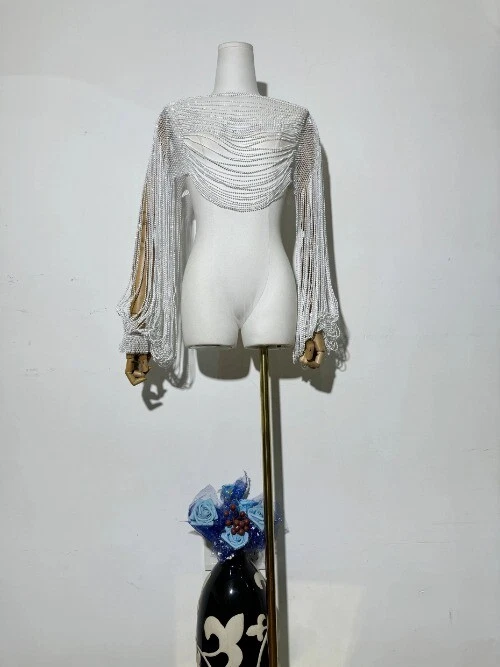 Nuevo Lo último Sexy Mujeres Camiseta sin mangas con cadena de diamantes Manga larga Brillante Estrás Foto 3 de 4