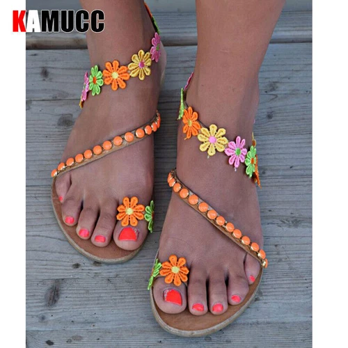 Sommer Boho Pearl Sandalen Damen Strand Sand Urlaub Schuhe Leder flach Übergröße - Bild 18 von 23