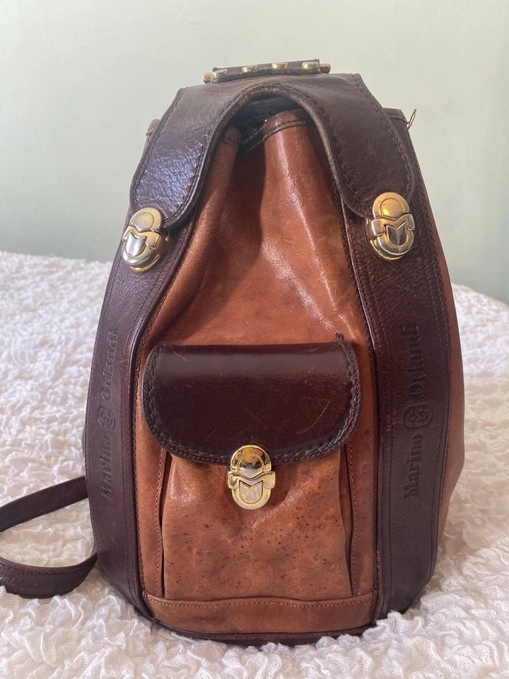 Mochila Grande de Diseñador Marino Orlandi Bolso Cubo Cuero Marrón Cartera Eslinga Foto 2 de 4