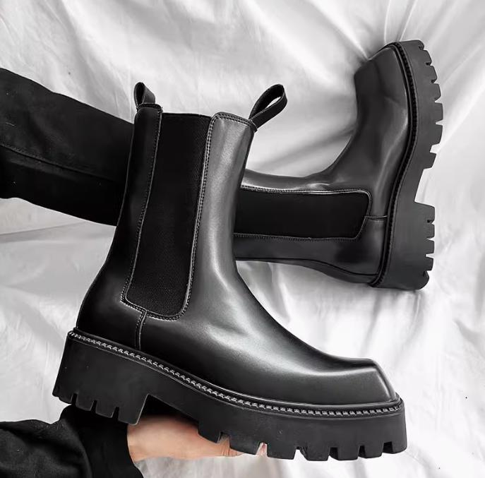 Zapatos occidentales británicos de cuero para hombre punta cuadrada Chelsea media pantorrilla botas al tobillo 2026