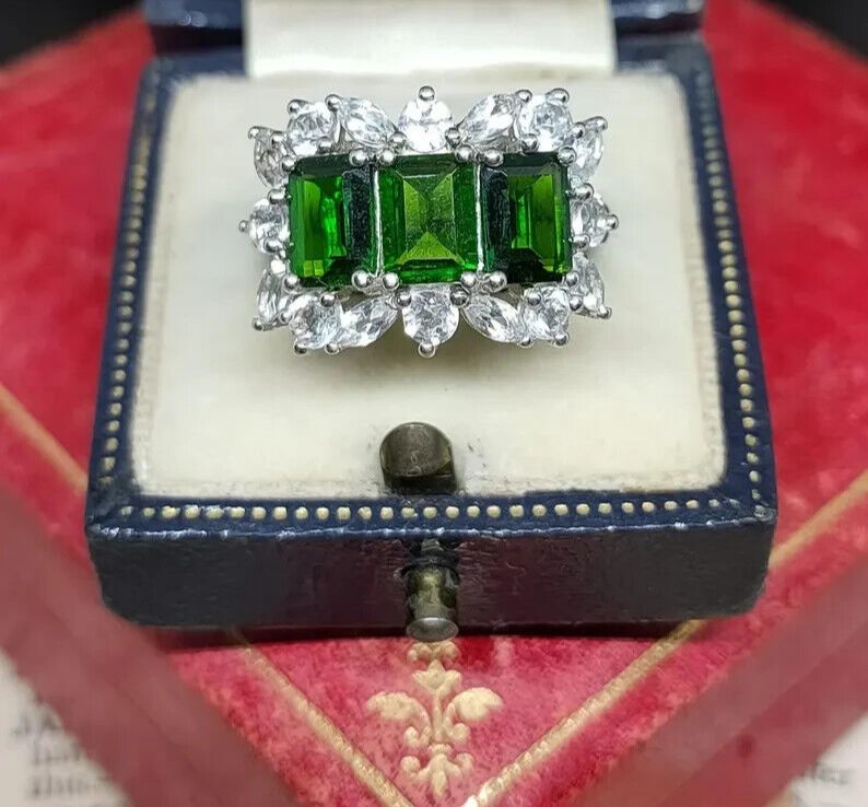 5Ct Emerald Cut Simulated Gemstone Halo Ring in Sterling Silver