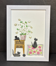 framed peeble art sea glass kittens and flower