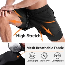 Mens 2 in 1 Sports Shorts Quick Dry Athletic Breathable Pants with Phone Pockets