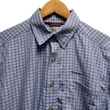 Simms Men's Size S Button Front Fly Fishing S/S Blue Plaid Shirt Nylon Polyester