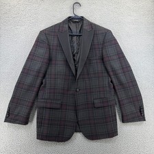 NEW Jos A Bank Plaid Tuxedo Dinner Jacket Satin Peak Lapel Burgundy Gray Men 42R