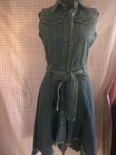 Blue Denim Midi Dress Belted Button-Down Collared Frayed Hem Sleeveless Size S