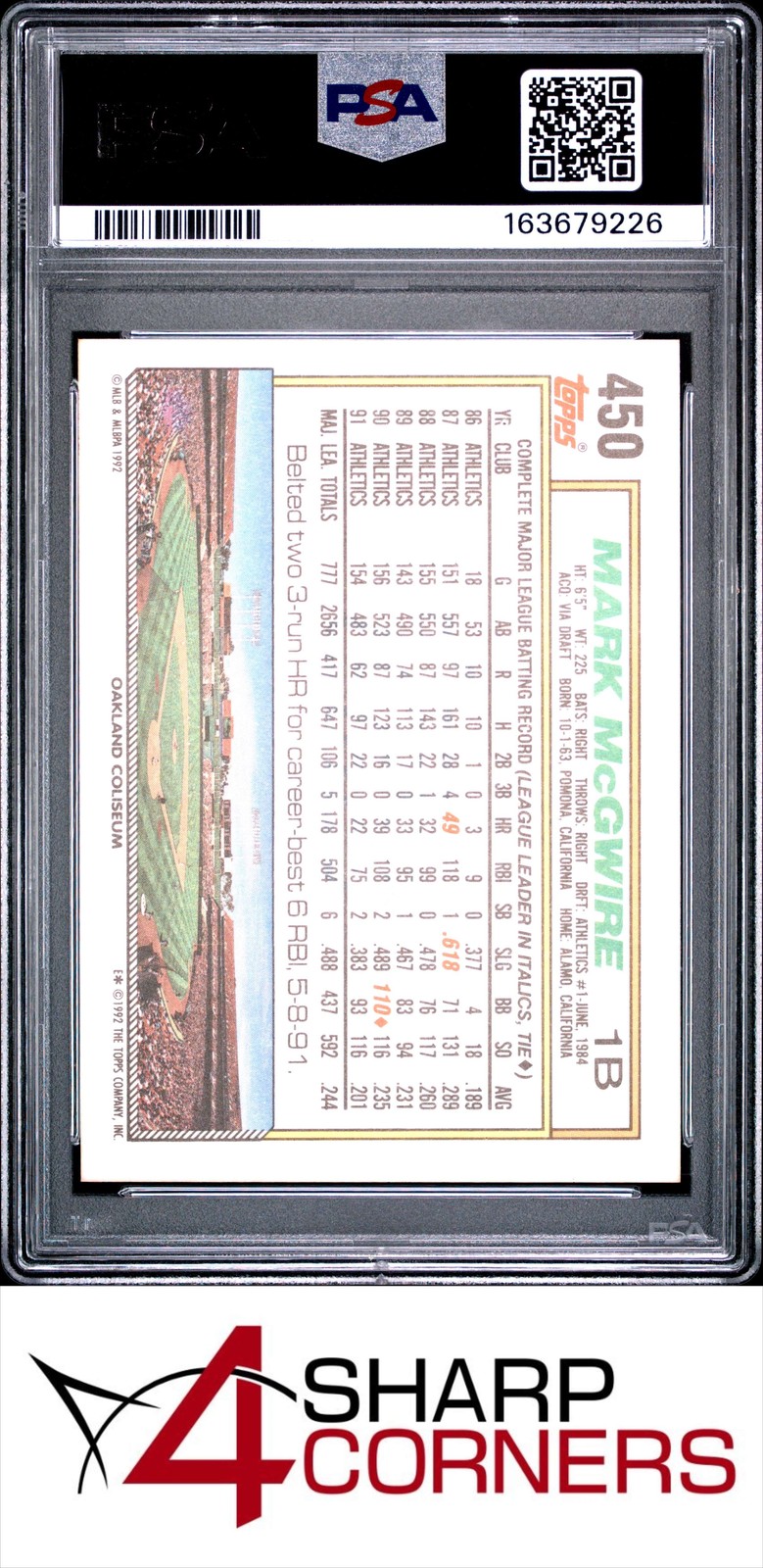 1992 TOPPS #450 MARK McGWIRE ATHLETICS PSA 10 view 2