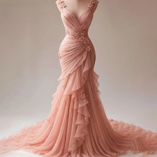 Vintage Pink Mermaid Wedding Dress with Pleated Flowers A-Line Tulle Bridal Gown