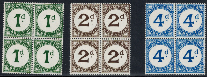 Gibraltar 1954 Postage Due SG D1-D3 Blocks of 4 w/ Large & Broken d's MNH GEM