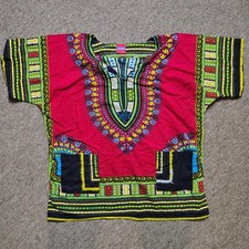 SUNFLOWER Dashiki Shirt Men L Red African Print Pullover Short Sleeve Pockets