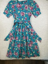 Vintage 90 s Laura Ashley Floral Dress Teal Pink Cotton UK 10 US 8 Belted