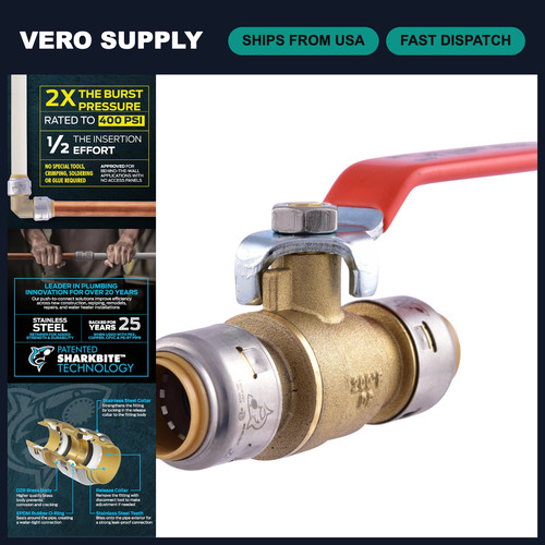 1/2" Push-to-Connect Brass Ball Valve, PTC Water Shut-Off Plumbing Fitting