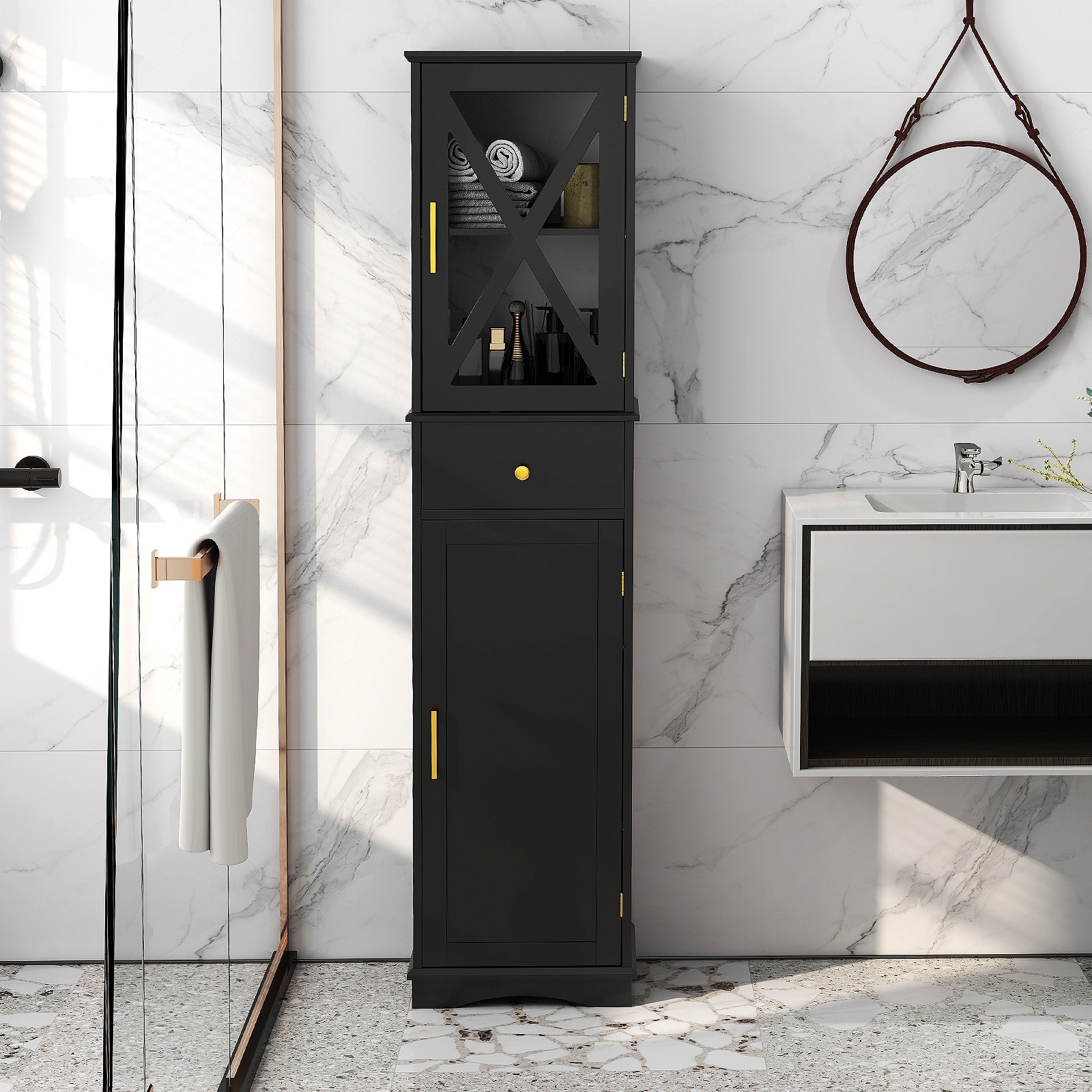 Bathroom Storage Cabinet Freestanding Floor Cabinet w/2 Doors Black