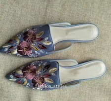 Women Pointy Toe Slippers Slides Floral Flats Mules Embroidery Casual Shoes Size