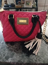 Betsey Johnson Medium Satchel Crossbody Gold Chain Strap Pom Key Heart Pink Whit