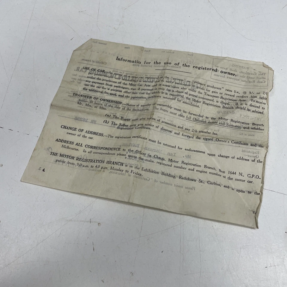 ORIGINAL VINTAGE EPHEMERA Car Registration Certificate 1948 37 Oldsmobile Toorak - image 3 of 3