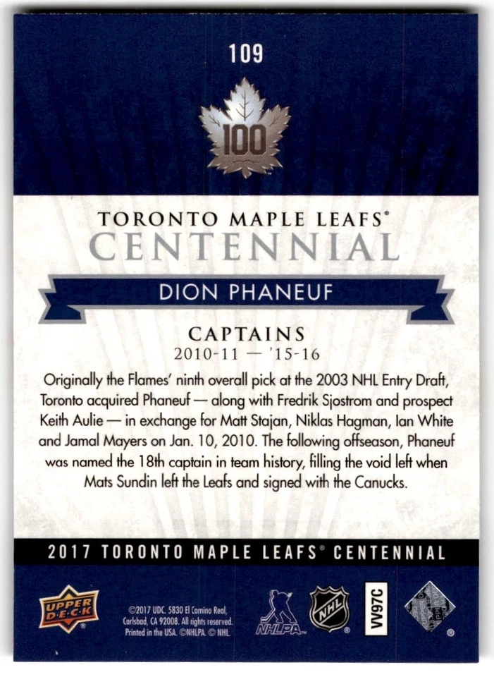 Dion Phaneuf 2017-18 Upper Deck Toronto Maple Leafs Centennial SP #109 - Image 2 of 2