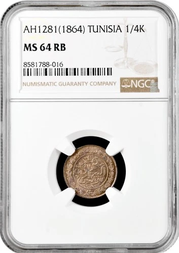 Tunisia 1/4 kharub AH 1281 (1864), NGC MS64 RB, "Beylik of Tunis (1862 - 1881)"