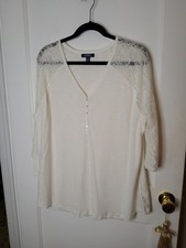 CHAPS Ivory Cotton Tunic, Women's XXL , Lacey 3/4 Sleeve, V Neck, Pretty