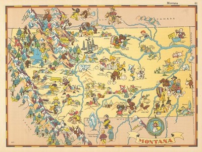 Montana. Bildliche Staatskarte von Ruth Taylor White 1935 alte Vintage Karte