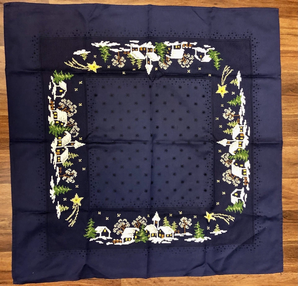 Vtg German Christmas Table Topper Cross Stitched Village Scene Blue White 31.5” - Image 2 of 4