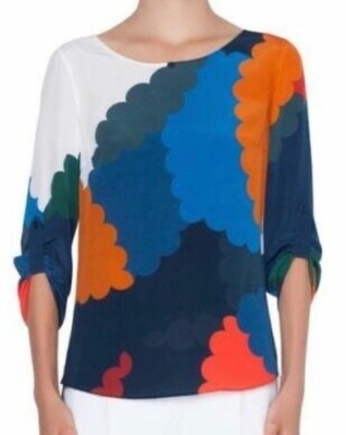 Akris punto silk Navy Multi-color Blouse, scalloped pattern, 3/4 length or tab