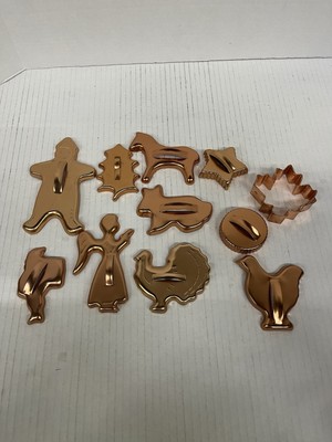 Vintage Copper Tone Cookie Cutters Lot Of 11 Holiday Shapes Farm Animals 