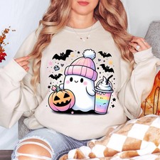 Cute Ghost Halloween Sweatshirt, Kawaii Ghost Crewneck, Pumpkin Ghost