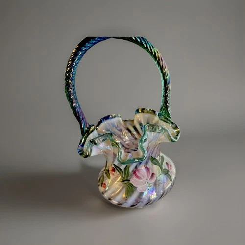 Fenton 90th Anniversary Hand Painted Glass Floral Decorative Basket 1995