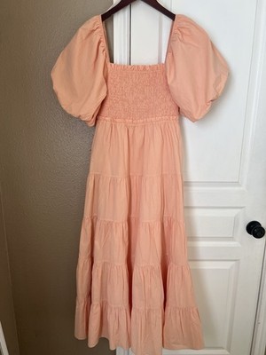 Mable Women s Medium Coral Gingham Puff Sleeve Smoked Maxi Dress Cottagecore