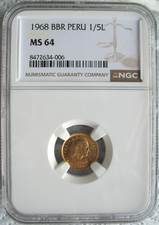 Peru 1968 BBR Gold 1/5 Libra NGC MS-64