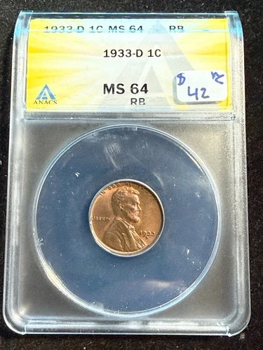 1933 D LINCOLN WHEAT CENT ANACS MS 64 RB 099