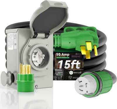 50 Amp Generator Cord 15FT and Power Inlet Box, Pre-Drilled 50 Amp Generator Inl