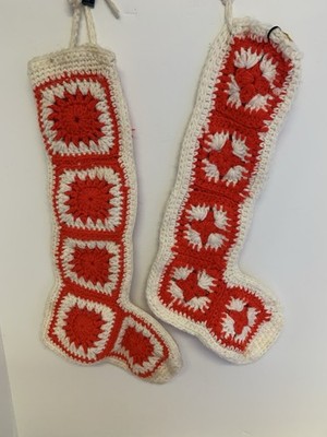2 Vintage 70 s Granny Square Christmas Stockings Crochet Cottagecore Boho