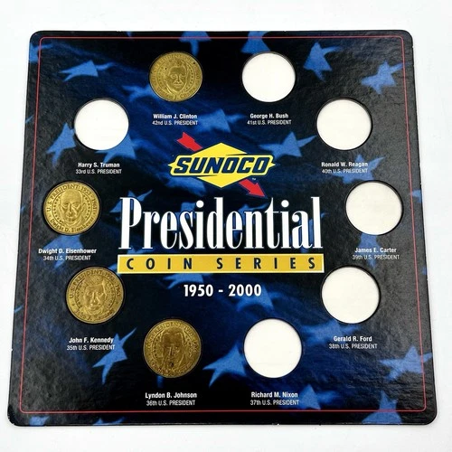 Vtg Sunoco Presidential Coin Series 1950-2000 Display w/ 4 Coins Incomplete Set