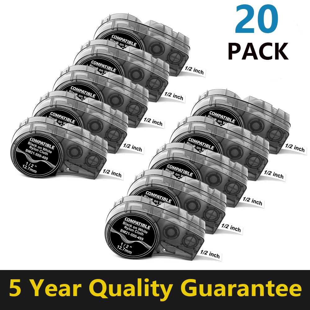 20PK Label Cartridge for Brady BMP21-PLUS M21-500-499 Nylon Black/White 1/2"x16'