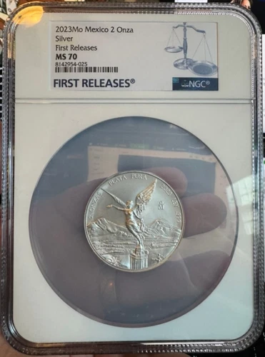 2023Mo Mexico 2 Onza Silver MS70 in huge NGC 5”x6/12” SLAB