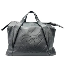 CHANEL Coco Mark Handbag Black Calf Leather Silver Hardware #OK2448