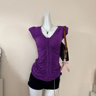 Design History Women's Purple Short Sleeve Ruched V-Neck Top